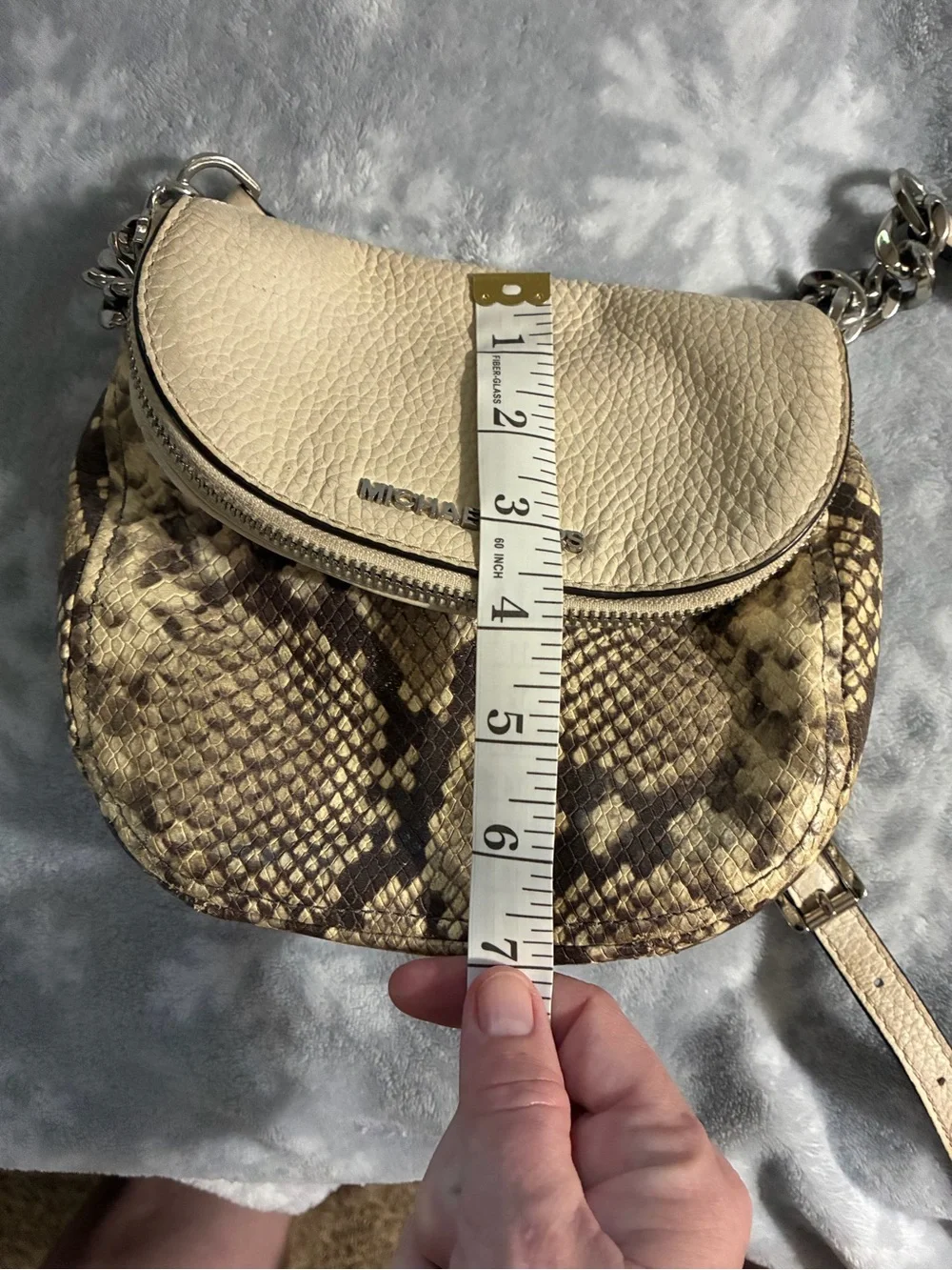 Michael Kors Cream & Brown Snake-Print Crossbody Saddle Bag